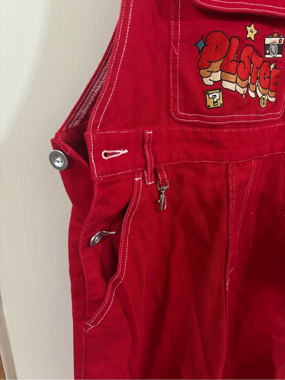 Justice Bright Red Girls' Overalls with Embroidered Front Pocket - Picture 2 of 5